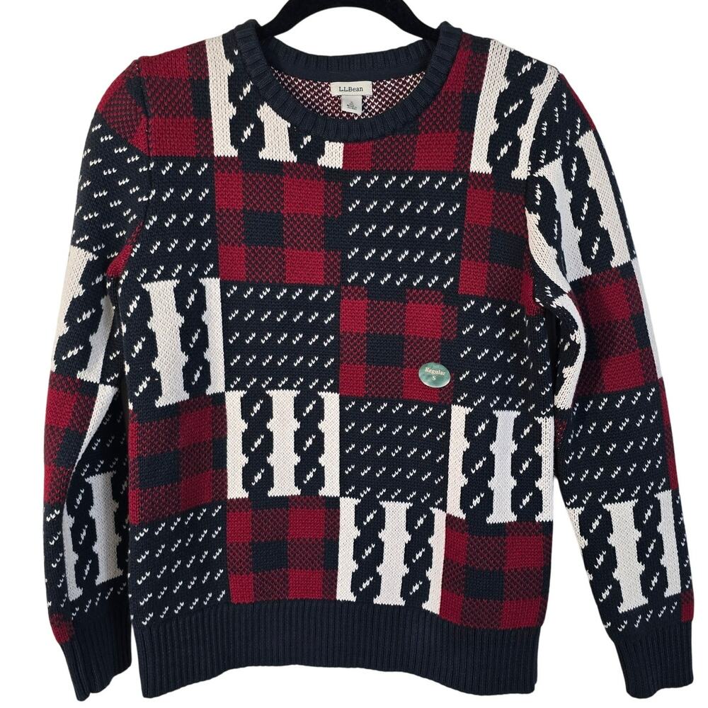 L.L.Bean Heritage Organic Cotton Fisherman Sweater Women's S Patchwork Nordic